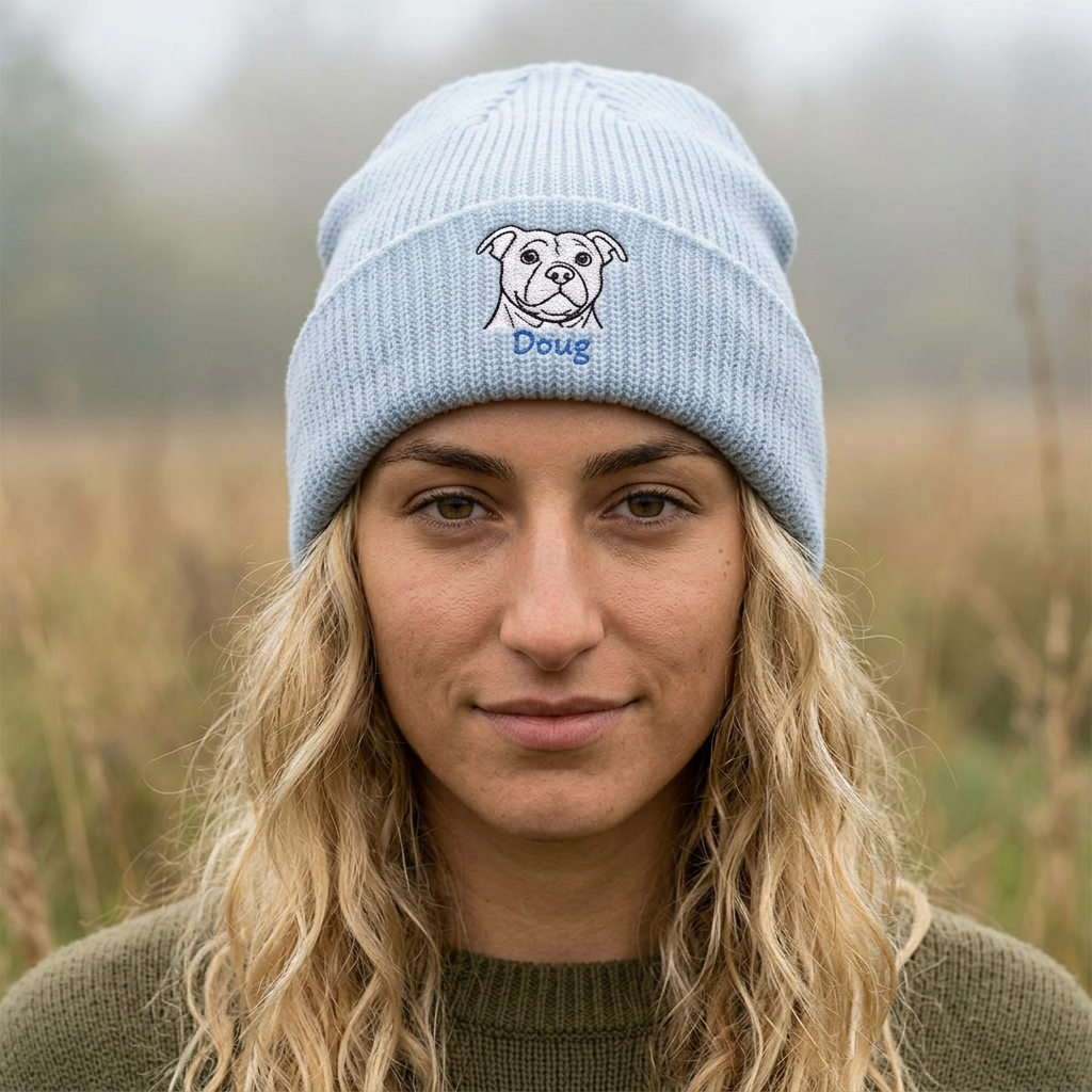 Beanie with rescue dog portrait