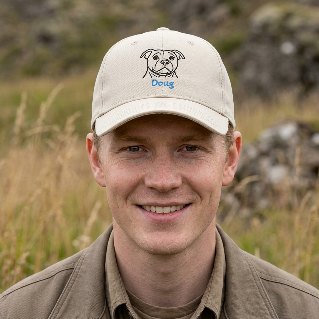 Cap with black embroidered portrait