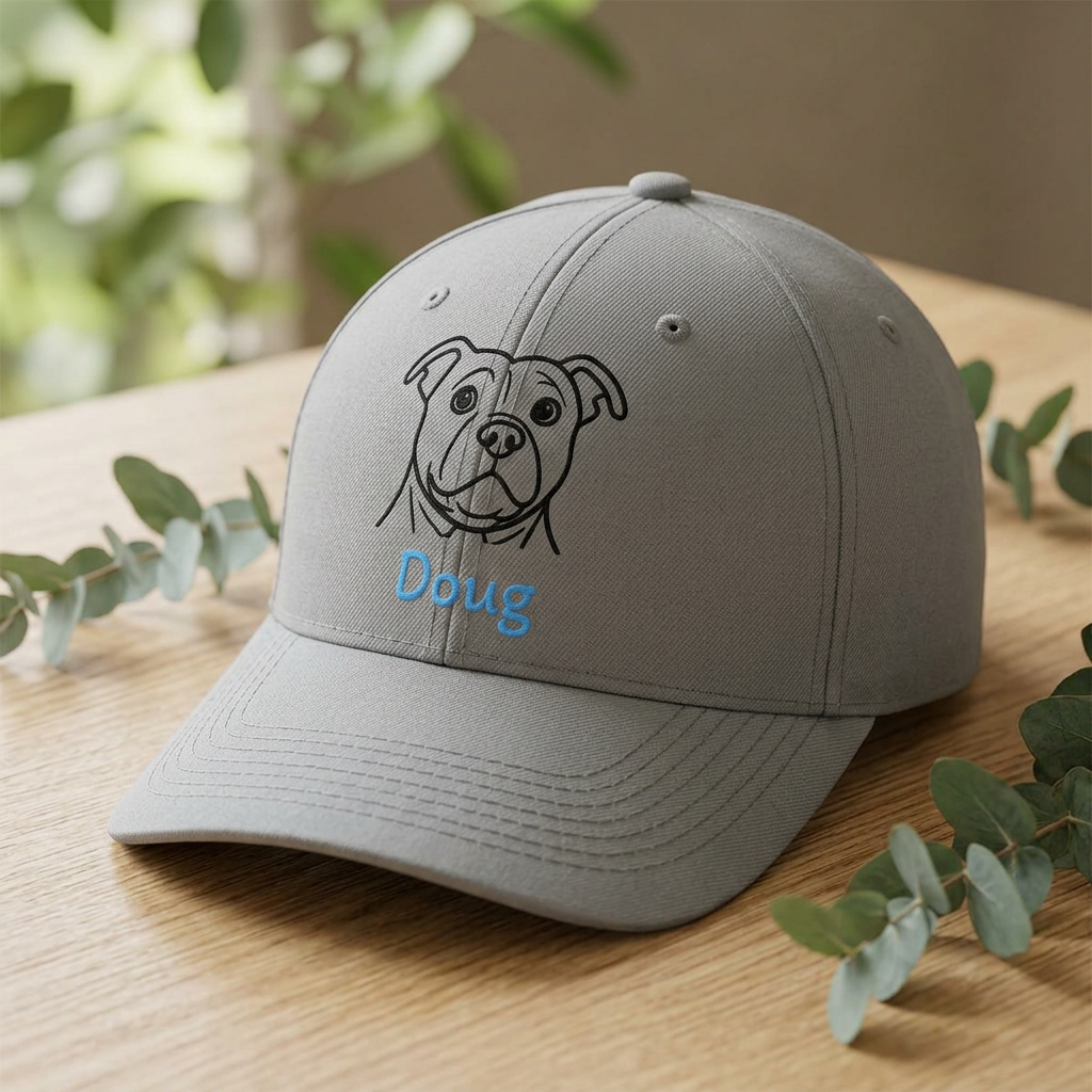 Navy cap with charcoal rescue dog portrait