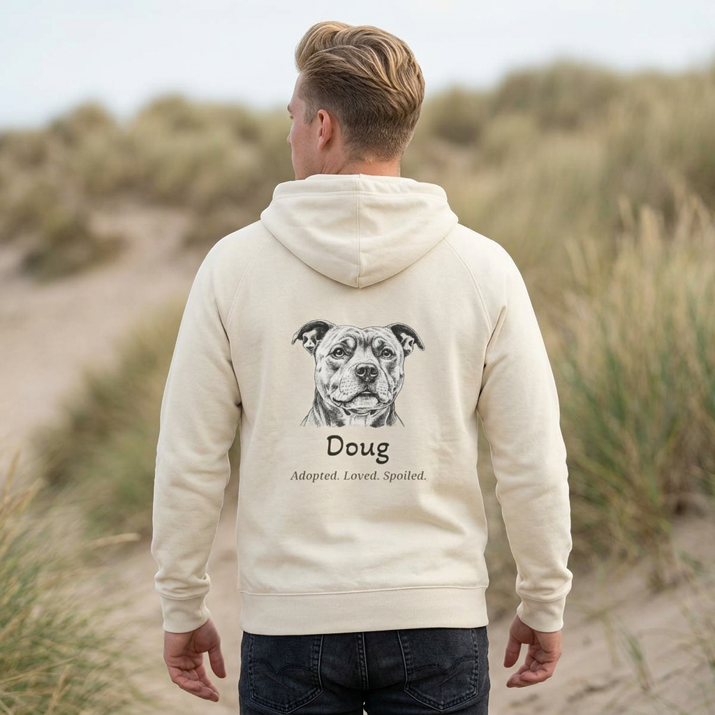 White hoodie with rescue dog portrait